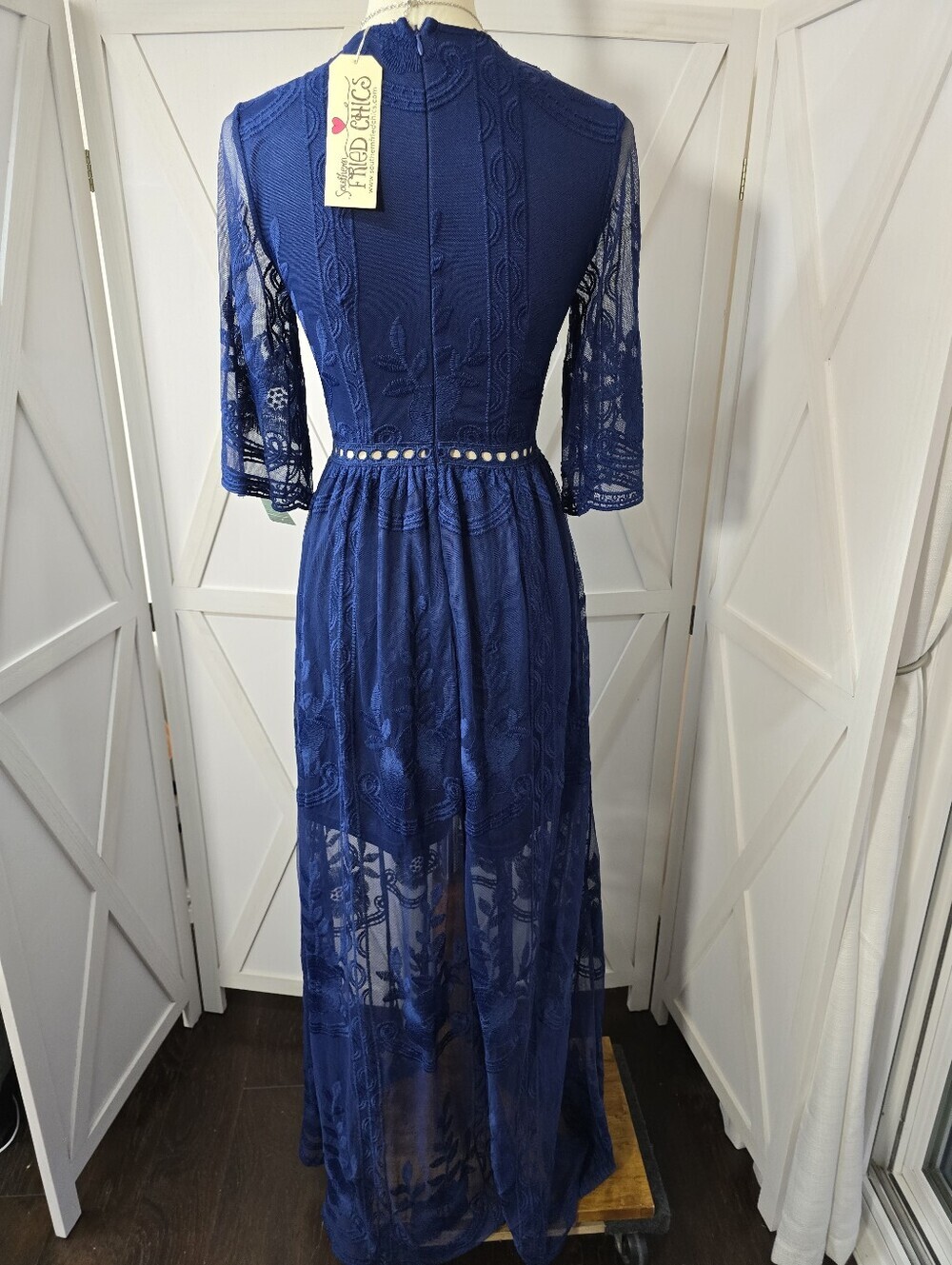 Southern Fried Chics Blue Floral Lace Boho V-Neckline Maxi Dress (NWT) - Picture 8 of 12